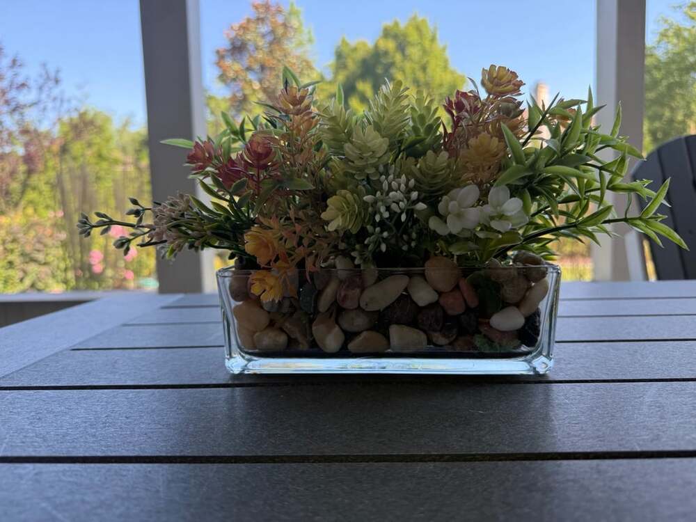 Faux Succulent Arrangement in Rectangular Glass Vase with Decorative Pebbles